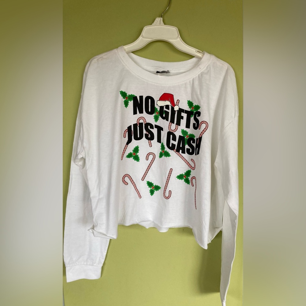 women’s 1x plus size “no gifts just cash” holiday long sleeve crop top